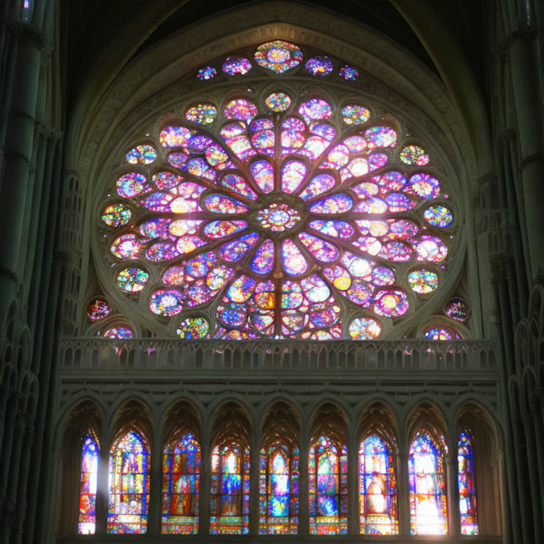 Intricate Stained Glass Rose Window in Gothic Church