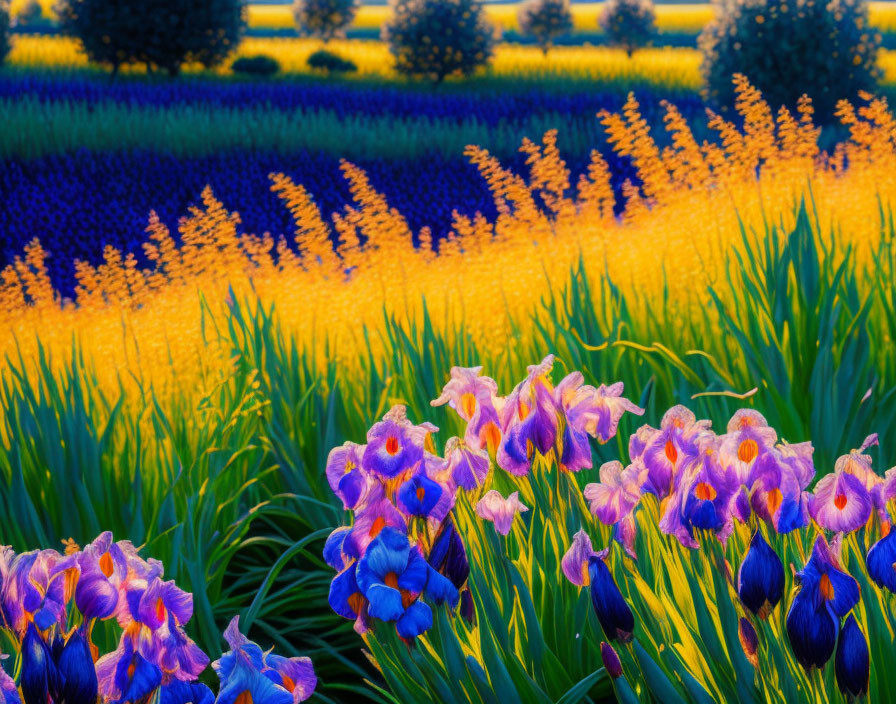 Colorful Purple and Yellow Flowers in Sunset Field