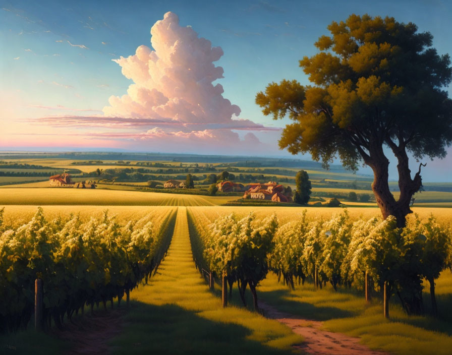 Rural sunset scene: vineyards, tree, farmhouses, cumulus cloud