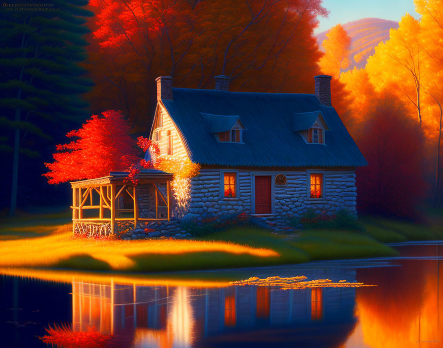 Thatched Roof Cottage by Autumn Lake at Sunset