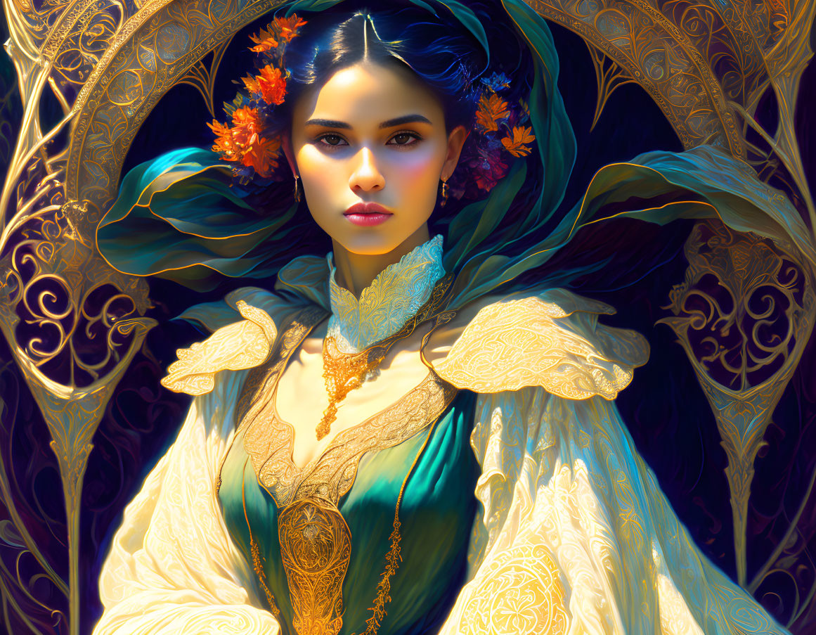 Detailed Digital Art Portrait of Woman with Flowing Hair and Ornate Attire