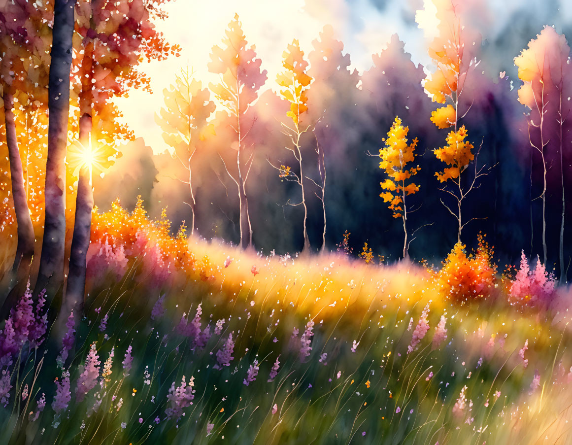 Colorful Autumn Forest Scene with Sunlight Filtering Through Trees