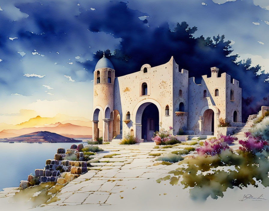 Mediterranean-style building at sunset with vibrant sky in watercolor