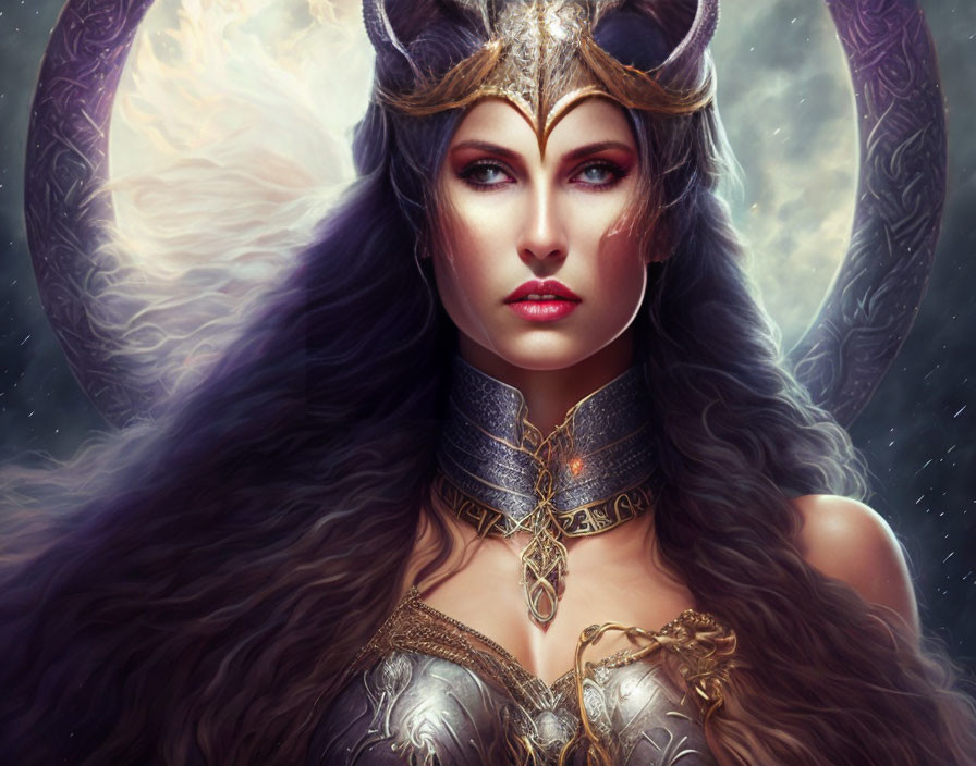 Fantasy artwork of woman in regal armor with horned headdress and mystical pendant