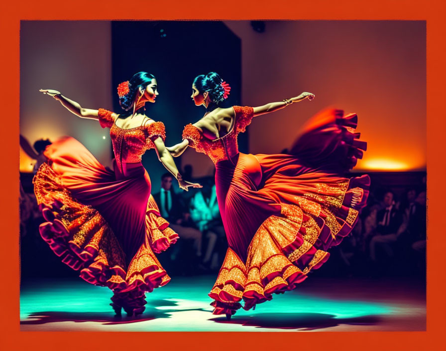 Vibrant orange dresses traditional dance performance on stage