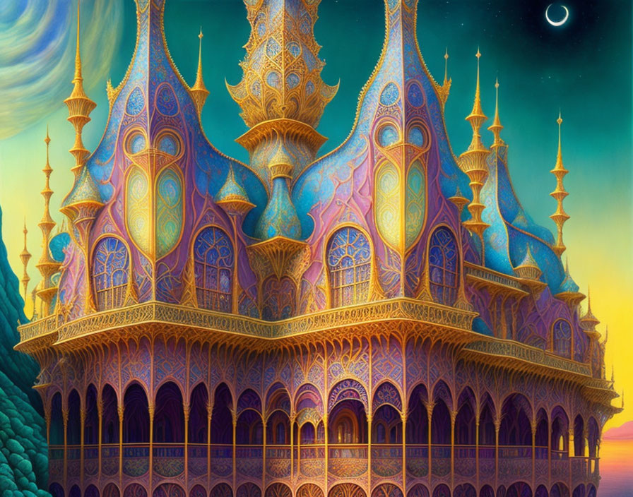 Fantastical palace with vibrant colors and intricate patterns