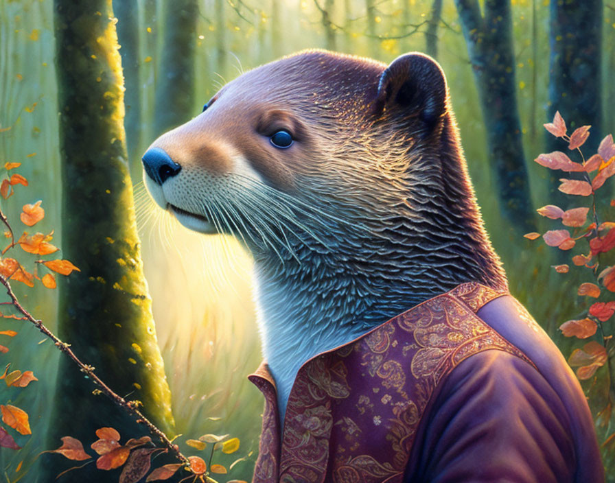 Anthropomorphic Otter in Fancy Waistcoat Stands in Sunlit Forest