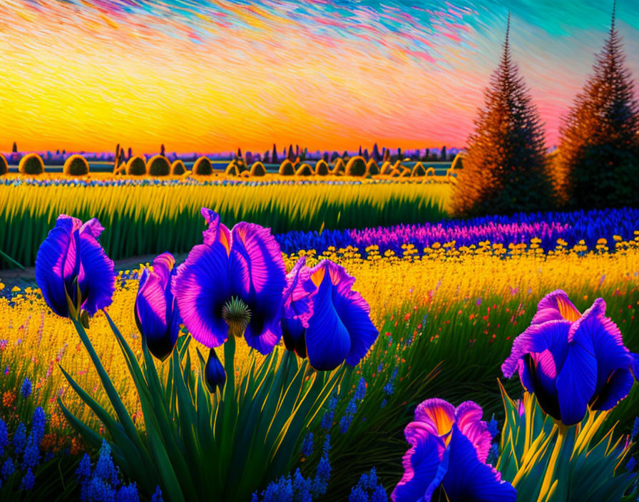 Colorful Flower Field with Purple Irises and Sunset Sky