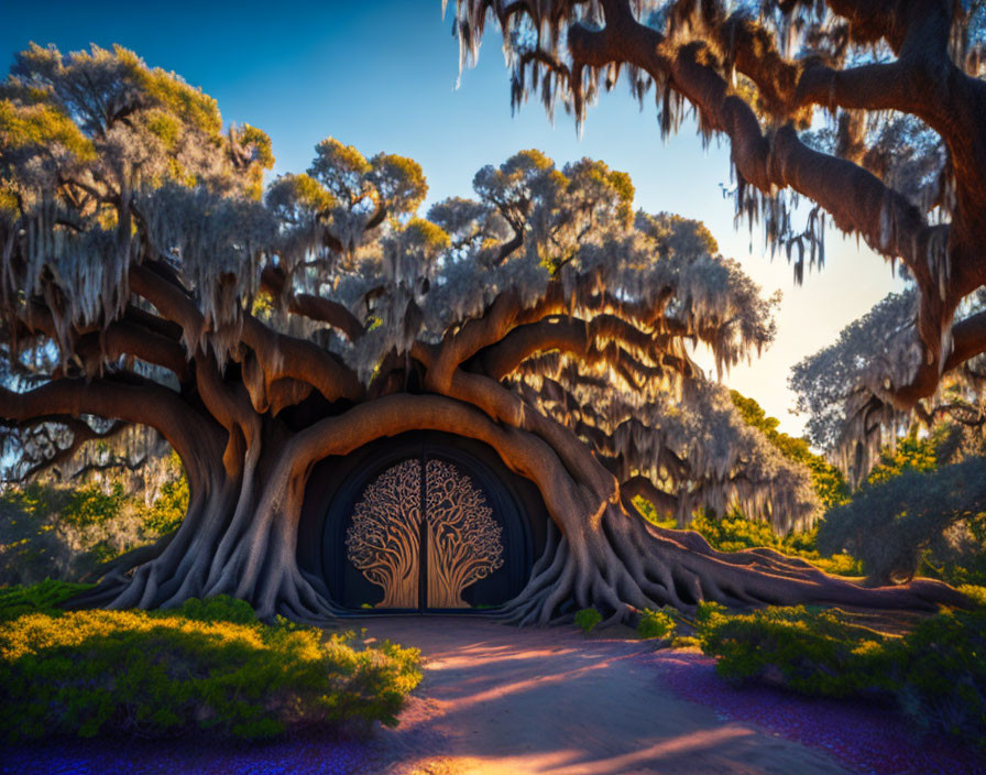 Whimsical tree with circular hollow and intricate pattern, surrounded by hanging moss under blue sky