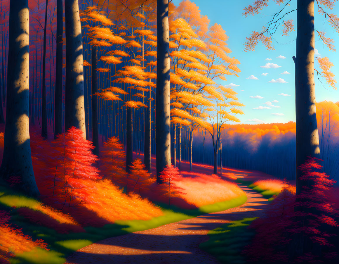 Colorful Autumn Forest with Winding Path and Sunlit Trees