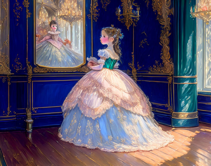 Young woman in pastel ball gown gazes at reflection in ornate mirror in opulent blue room