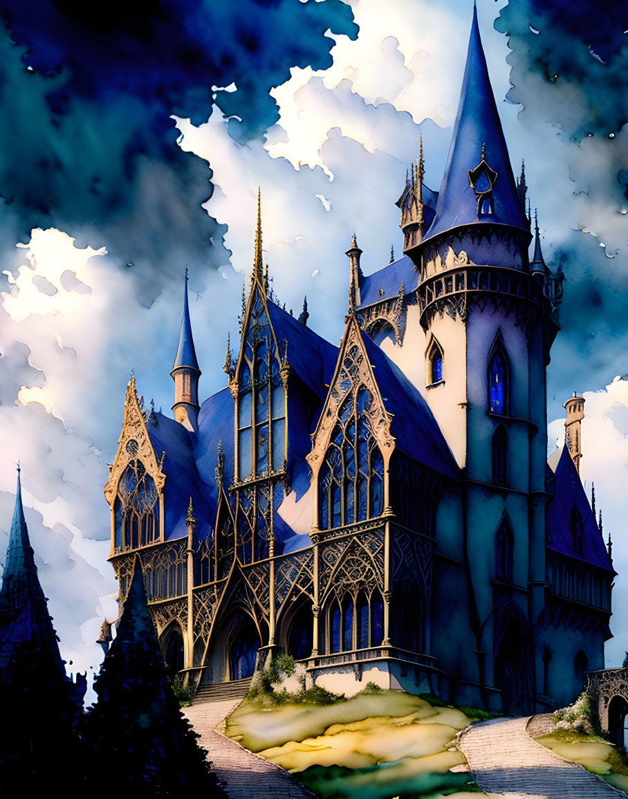 Gothic castle with spires under dramatic sky & cobblestone pathway