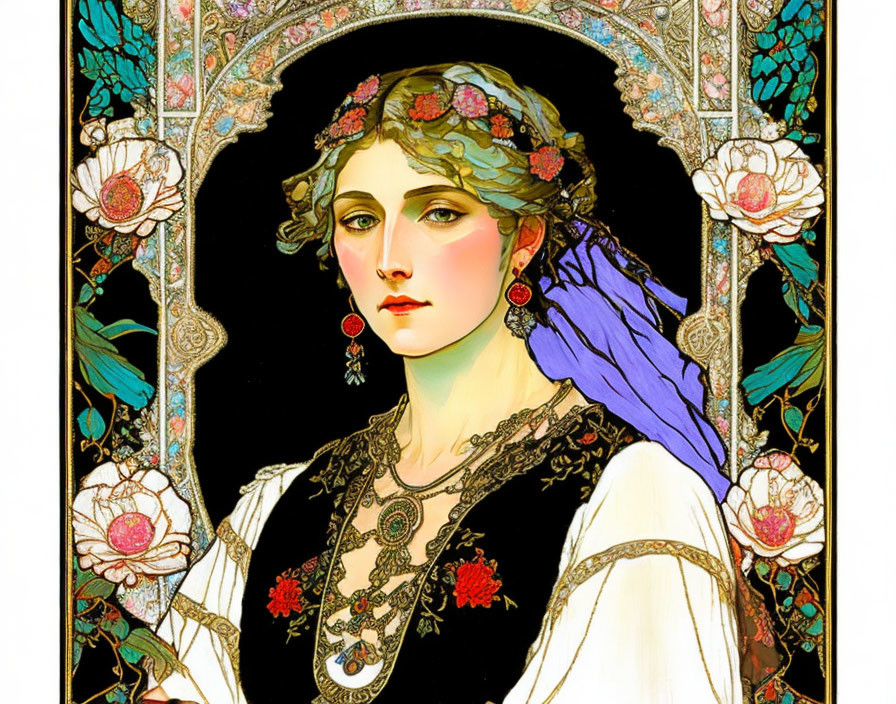 Art Nouveau Woman Illustration with Floral Adornments & Gold, Blue, Red Palette