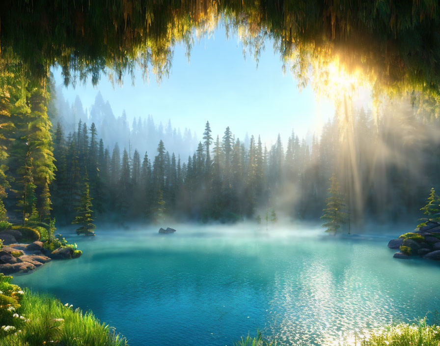 Tranquil Turquoise Lake with Pine Trees and Sunrays