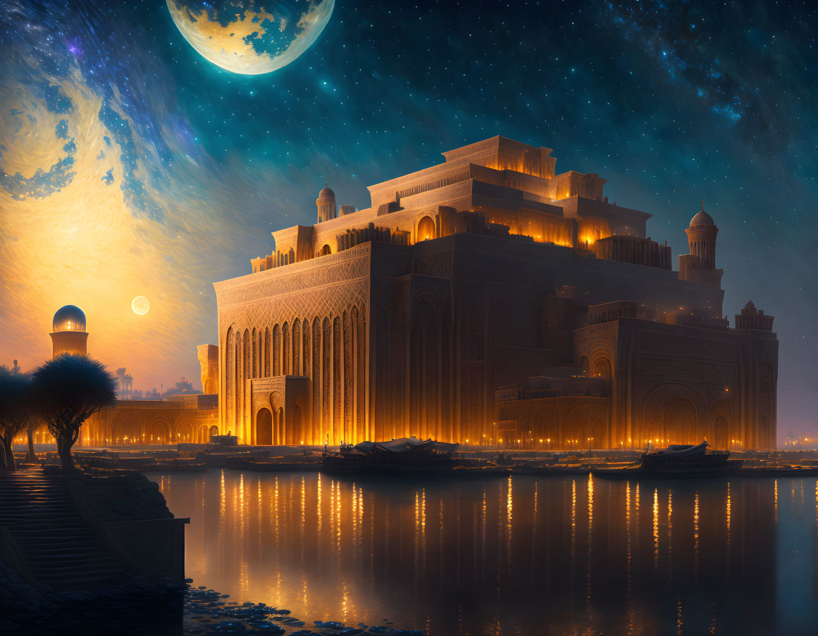 Ethereal nightscape: illuminated palace by tranquil water under starry sky