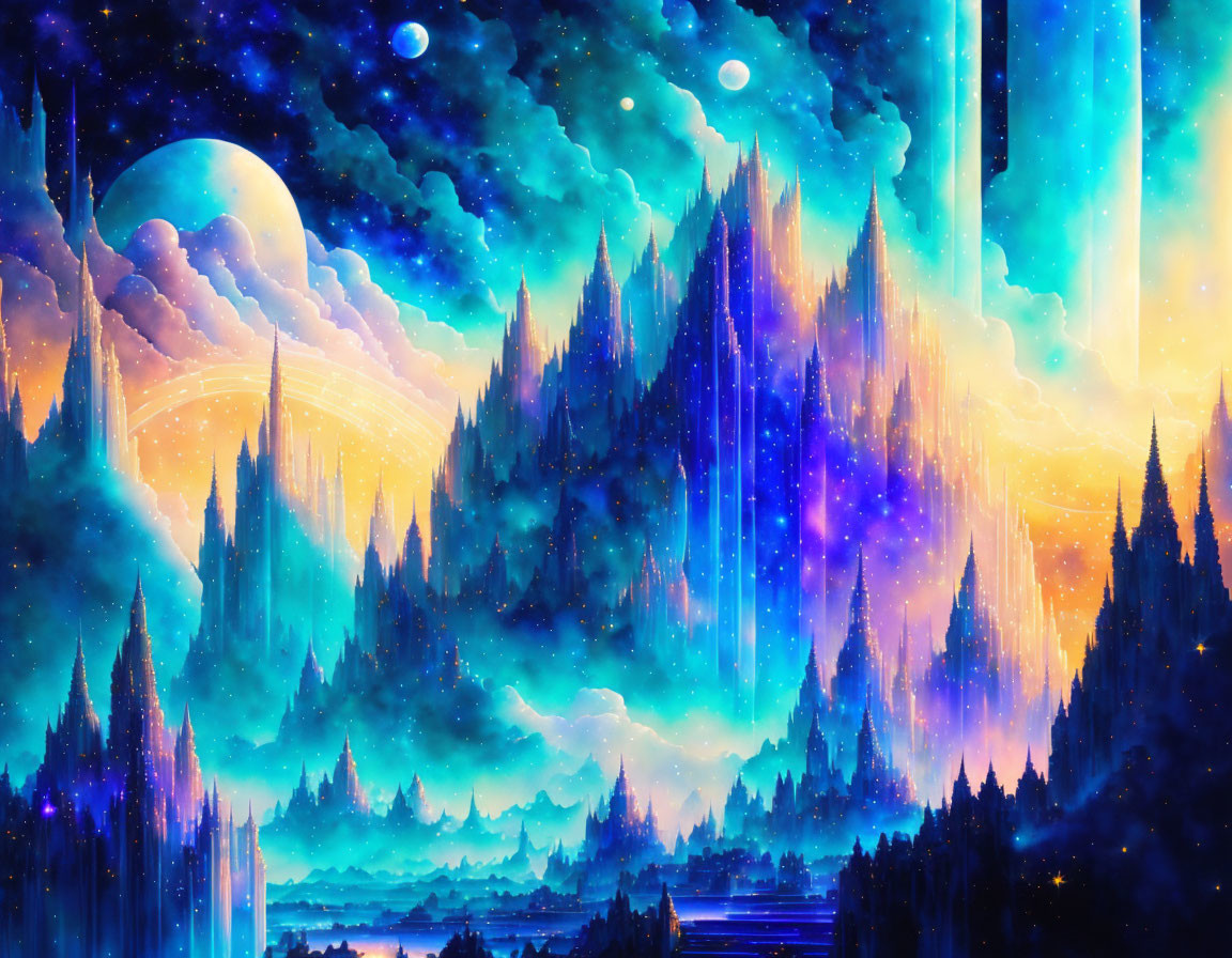 Fantastical forest digital artwork with glowing trees and starry sky