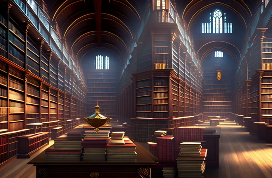 Sunlit library with towering bookshelves and central table stacked with books