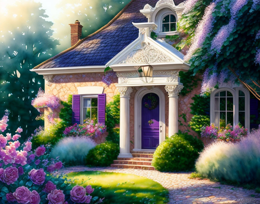 Cozy cottage with ivy, purple door, and twilight flowers.