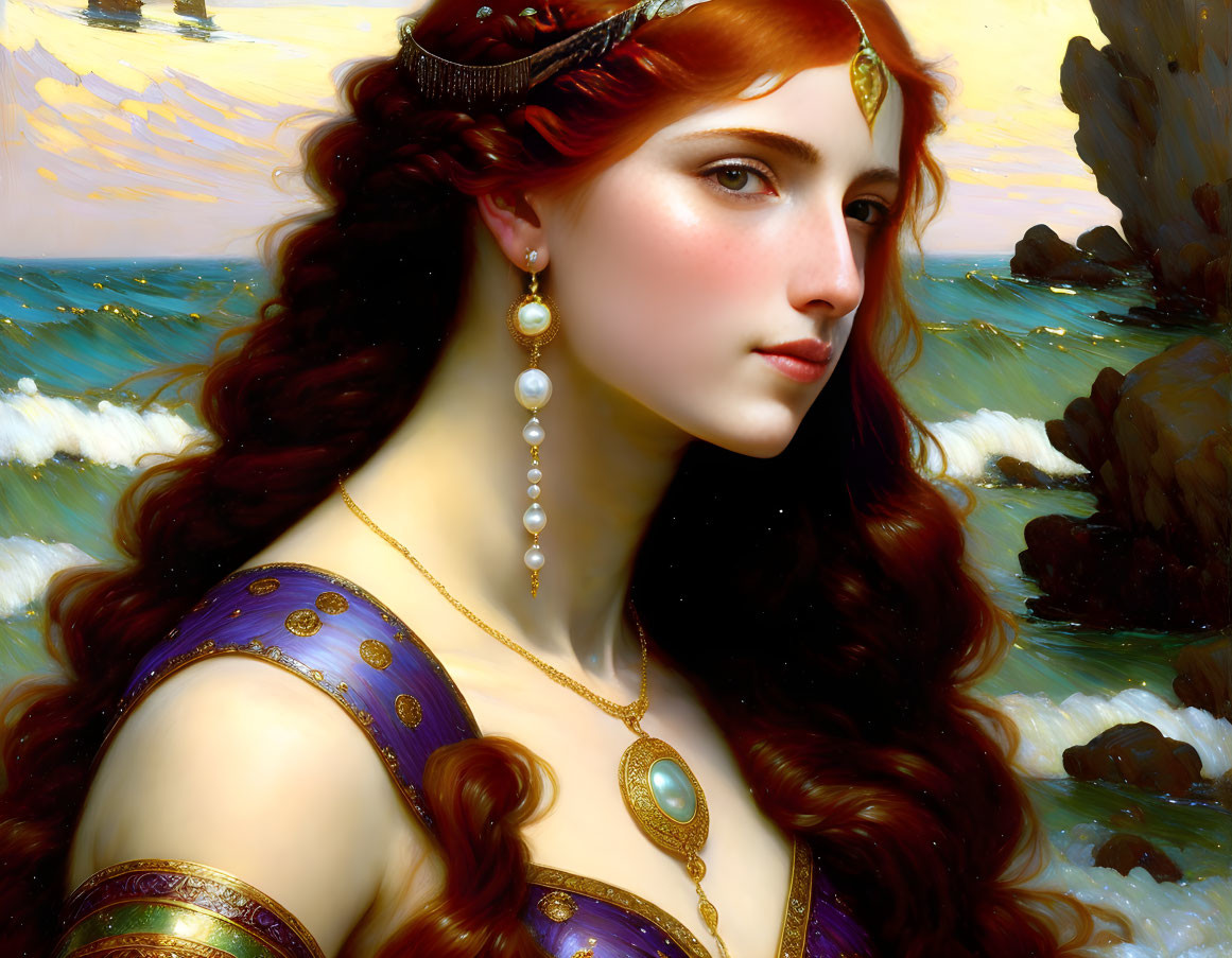 Portrait of woman with red hair, diadem, pearl earrings, purple robe, and sea backdrop.