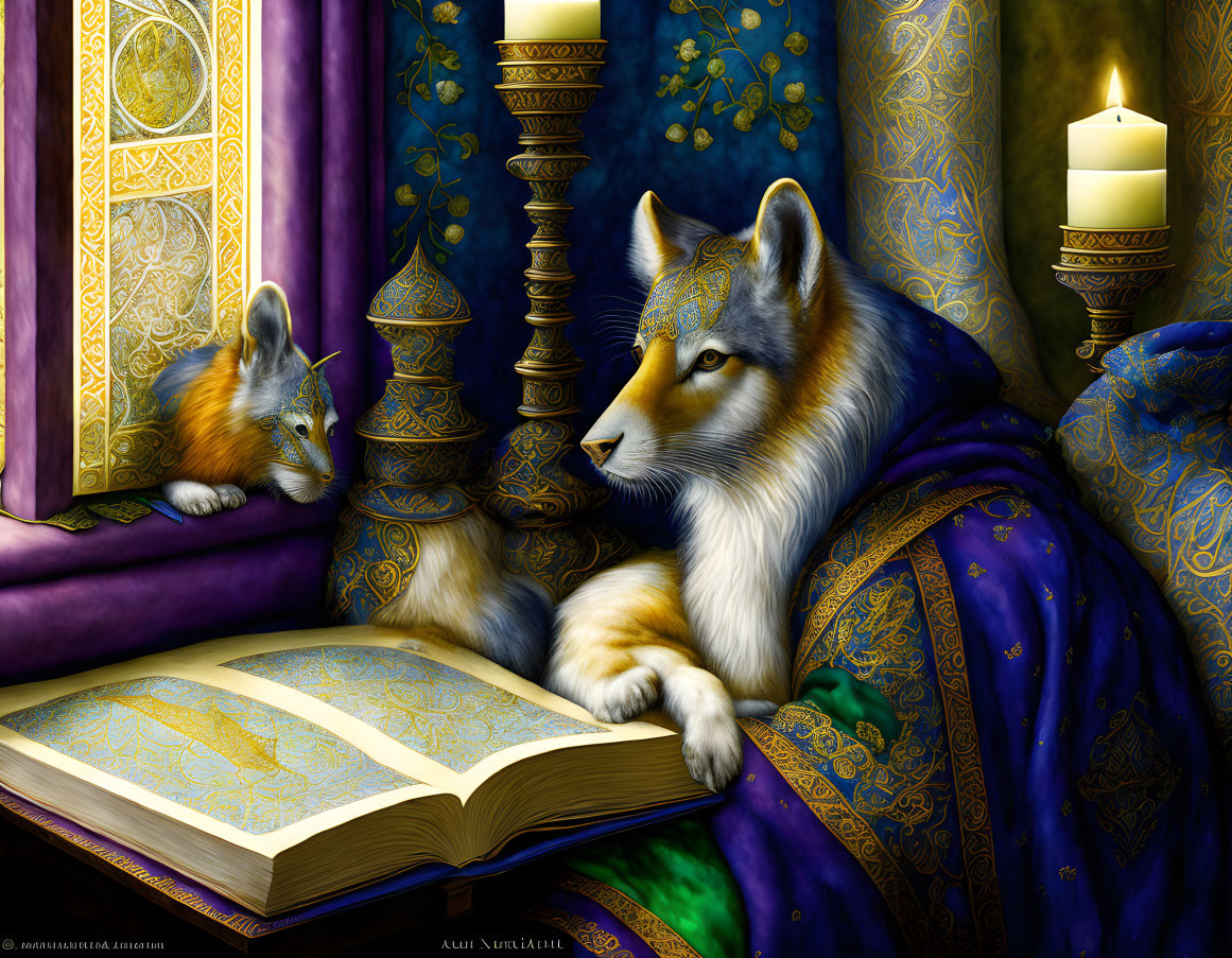 Anthropomorphic foxes in luxurious setting with open book and candlelight