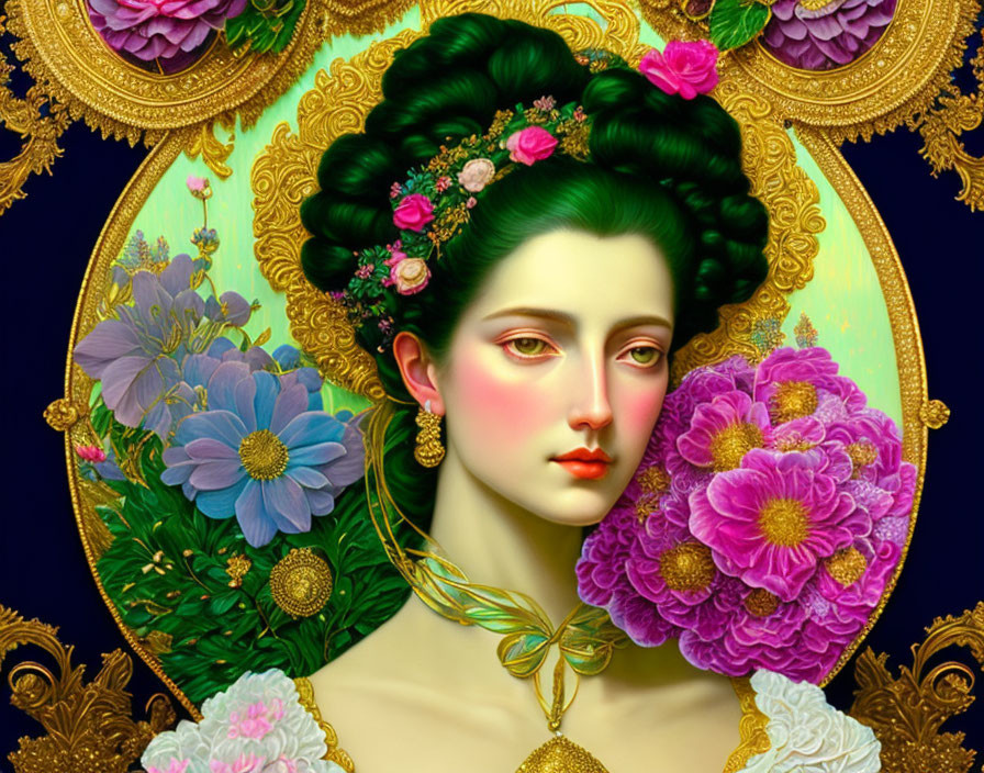 Digital artwork of woman with green hair and floral adornments on ornate golden background