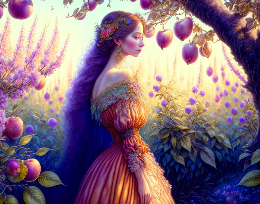 Illustrated woman with purple hair in golden gown in magical orchard with flowers and apples