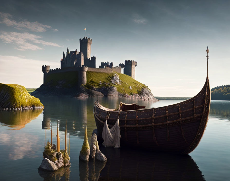 Majestic castle, Viking longship, and serene lake scene