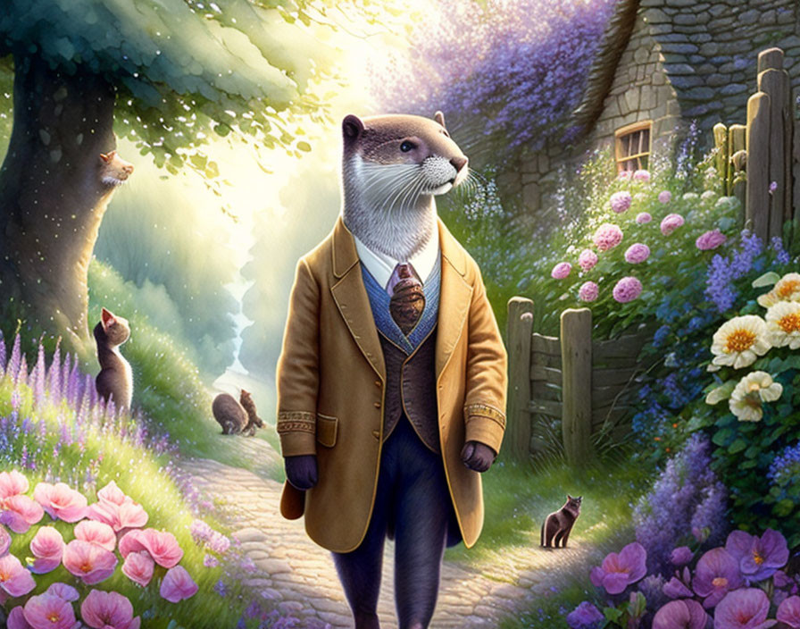 Anthropomorphic otter in suit exploring magical forest scene