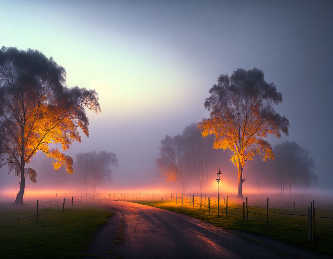 Misty landscape with curved path, trees, and vintage lamppost