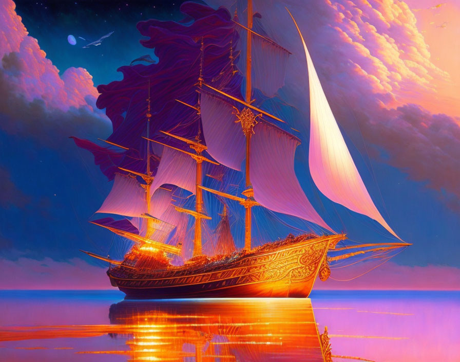 Digital artwork: Grand sailing ship on pink-orange sea at sunset