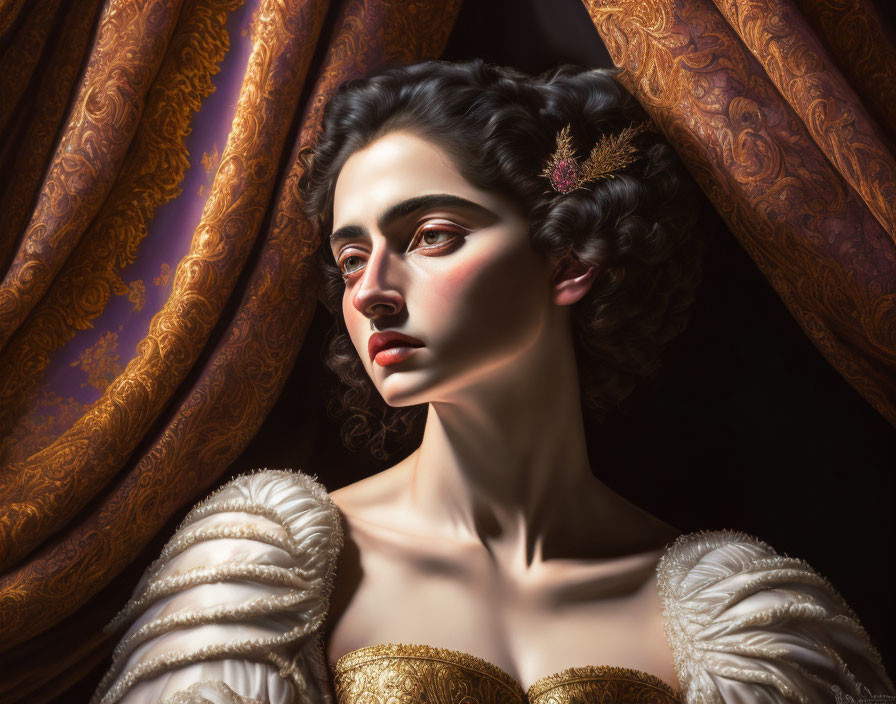 Historical portrait of woman in elegant attire and sophisticated hairstyle.