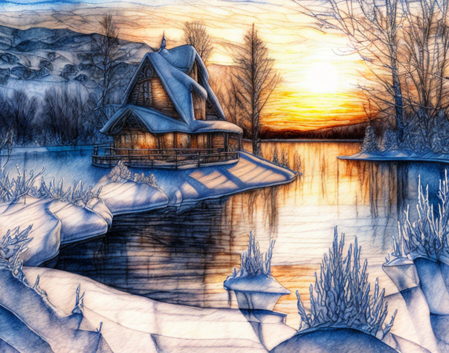 Tranquil winter house by lake at sunset