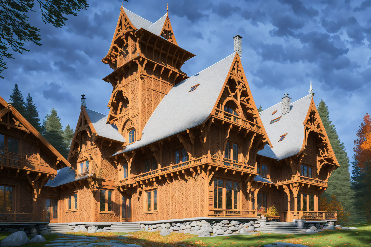 Autumnal forest clearing showcases ornate wooden stave house with multiple gables