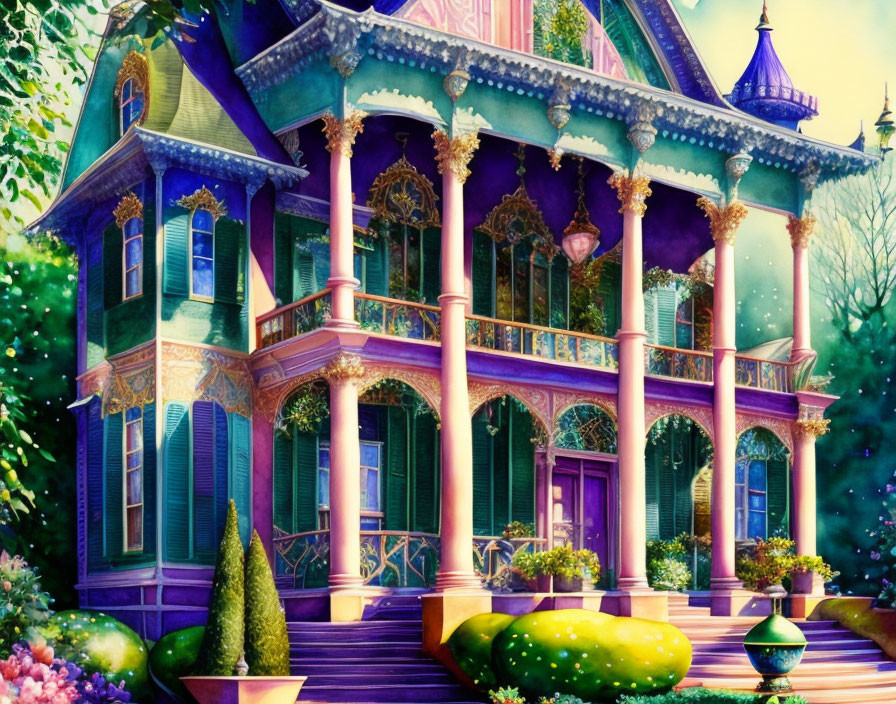 Colorful Illustration of Whimsical Victorian-Style House