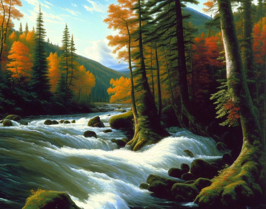 Tranquil river in vibrant autumn forest