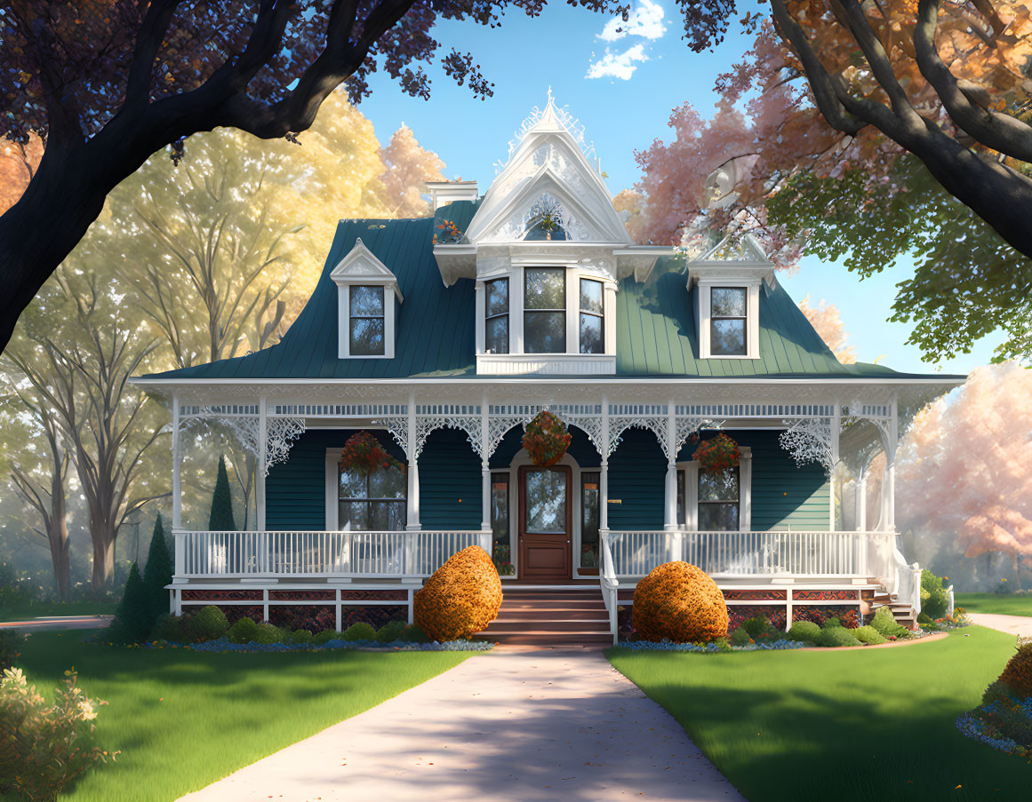 Victorian house with green roof, white trim, wraparound porch, autumn trees