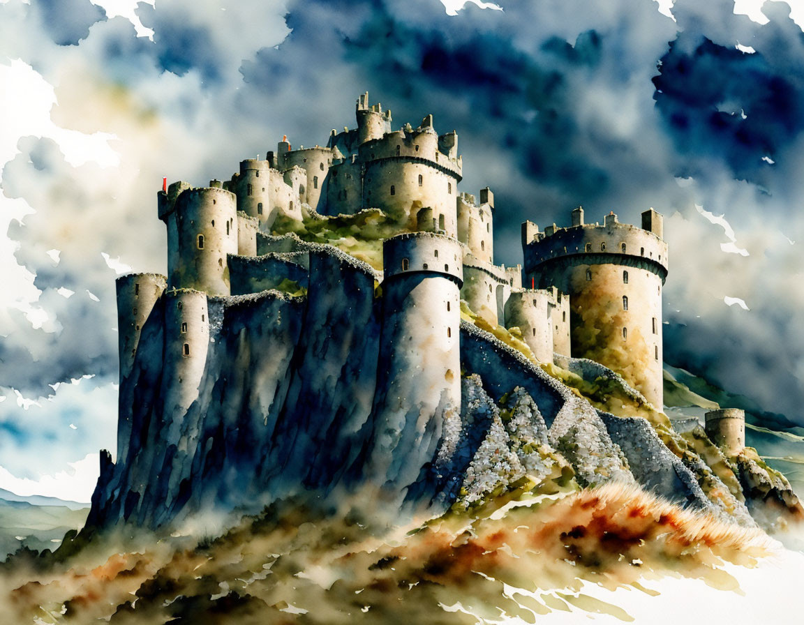 Medieval castle watercolor painting on rugged hill under cloudy sky