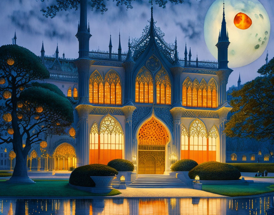 Gothic castle at twilight with illuminated windows and red moon