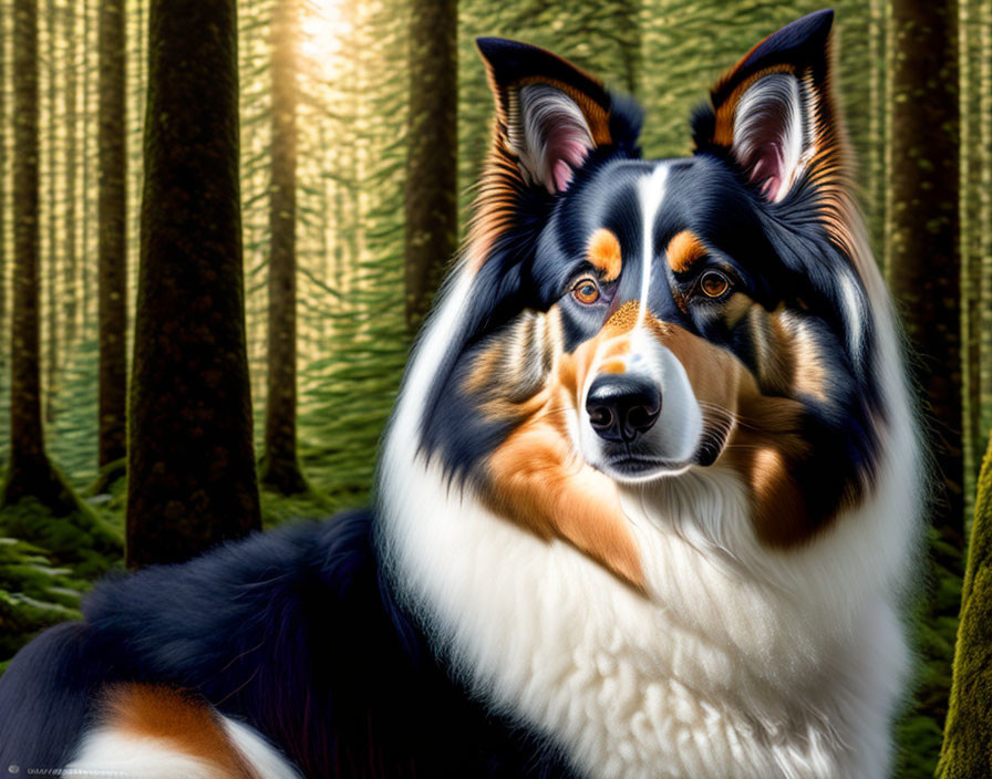 Tricolor Australian Shepherd Dog with Blue Eyes in Forest Setting