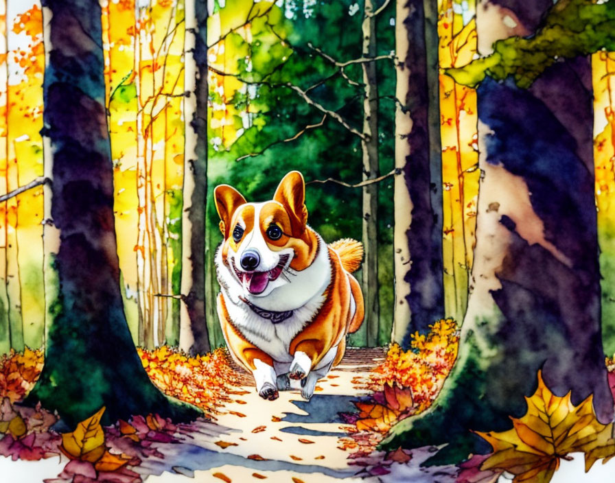 Joyful corgi dog running in autumn forest scene