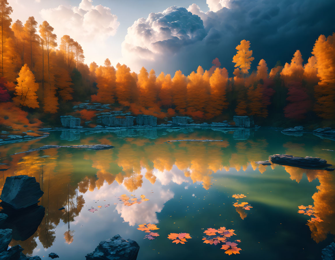 Vibrant autumn forest reflected in tranquil lake under dramatic sky