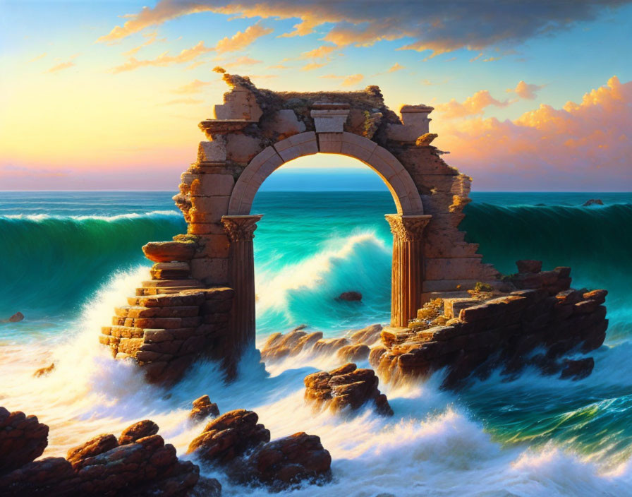 Ancient stone arch on rocky coast with dramatic waves at sunset