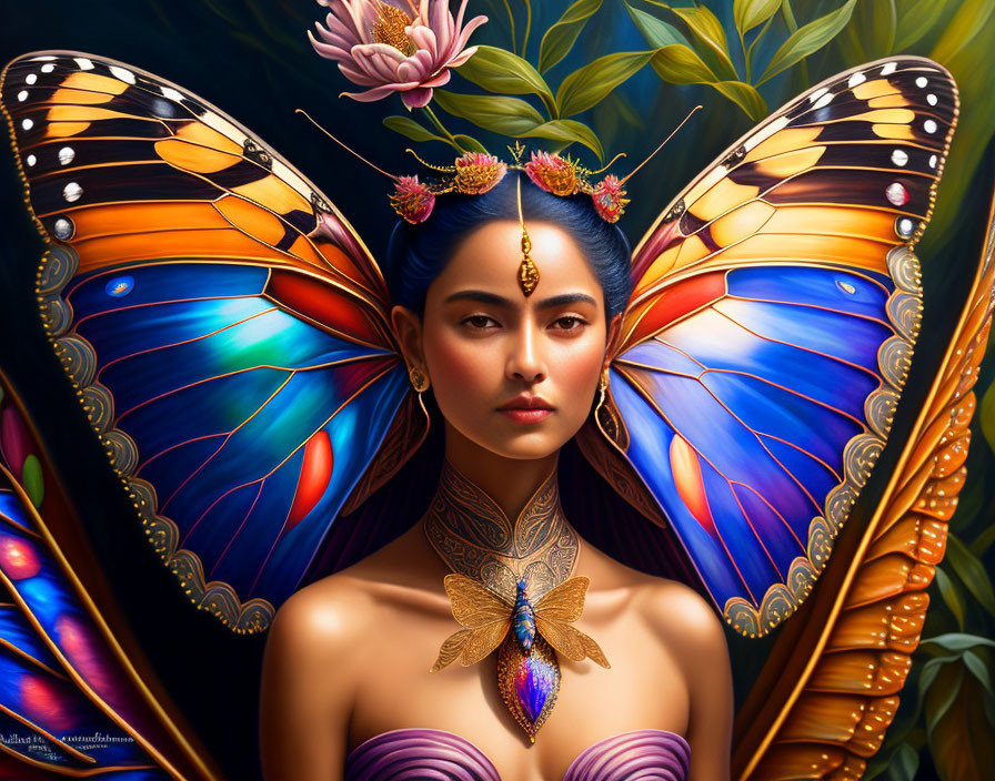 Woman with Blue-Orange Butterfly Wings and Jewelry in Lush Greenery