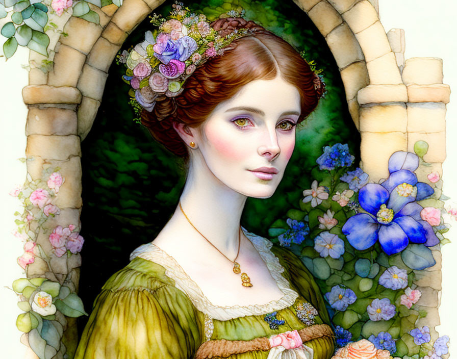 Woman with Floral Wreath in Green Dress by Stone Window and Flowers