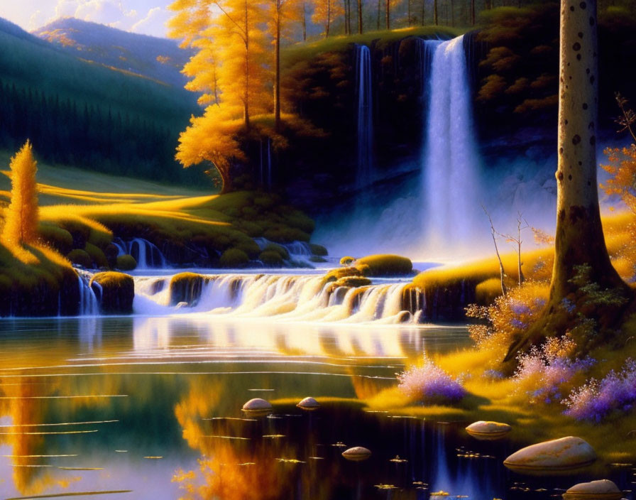 Scenic landscape: waterfall, river, lush trees, colorful foliage