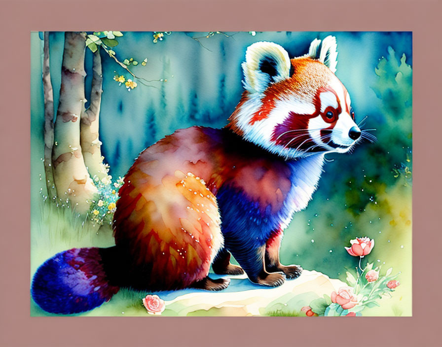 Vibrant red panda in whimsical forest setting