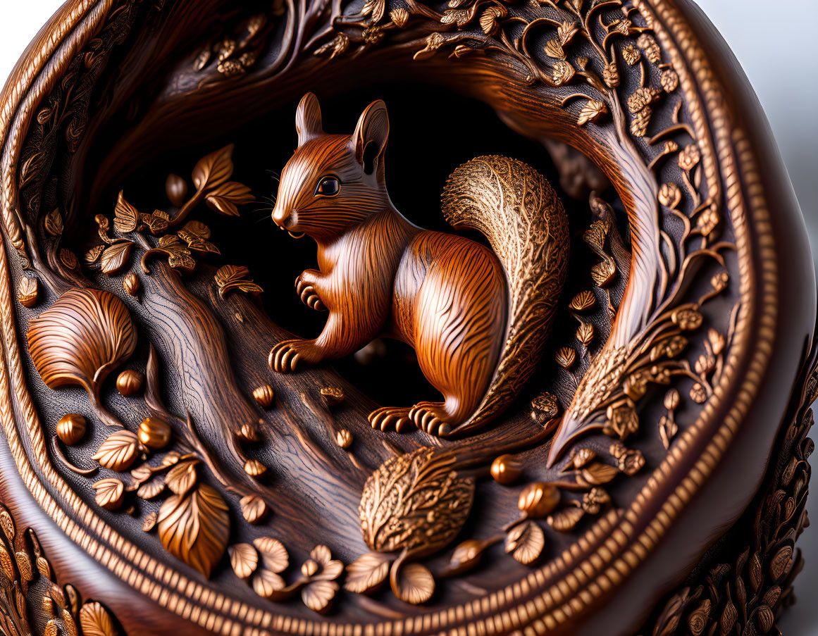 Detailed Floral Motif Surrounding Carved Wooden Squirrel