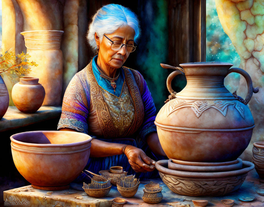 Elderly woman in traditional attire painting pottery meticulously