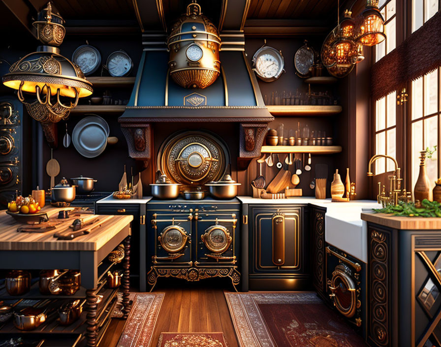 Vintage Kitchen Interior with Wooden Accents & Steampunk Vibe