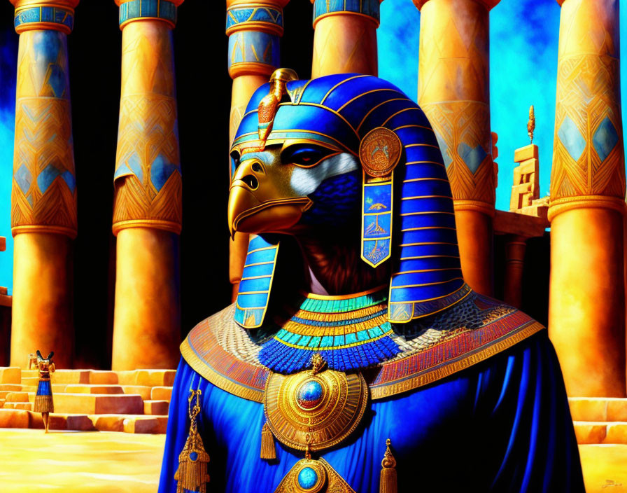 Colorful anthropomorphic bird in Egyptian attire with columns and figure.